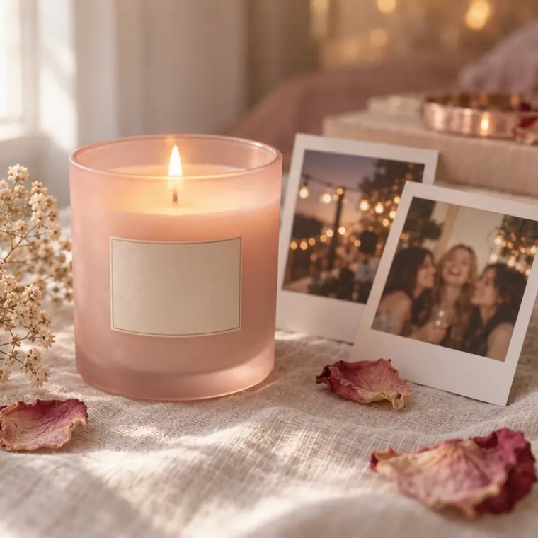 A blush-pink scented candle glowing beside polaroid prints and dried flowers