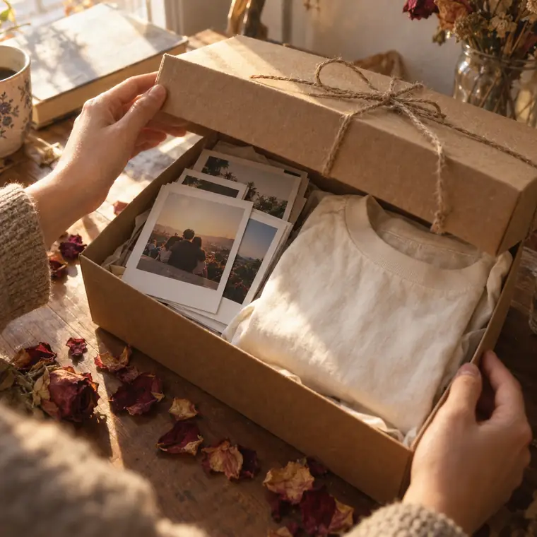 A kraft gift box with polaroid prints and a folded tee