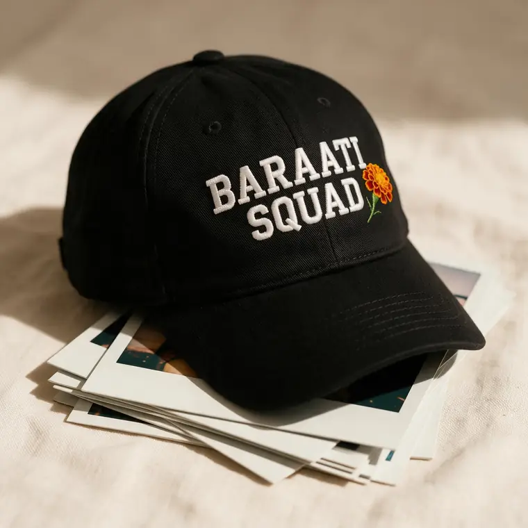 Black cap embroidered with Baraati Squad