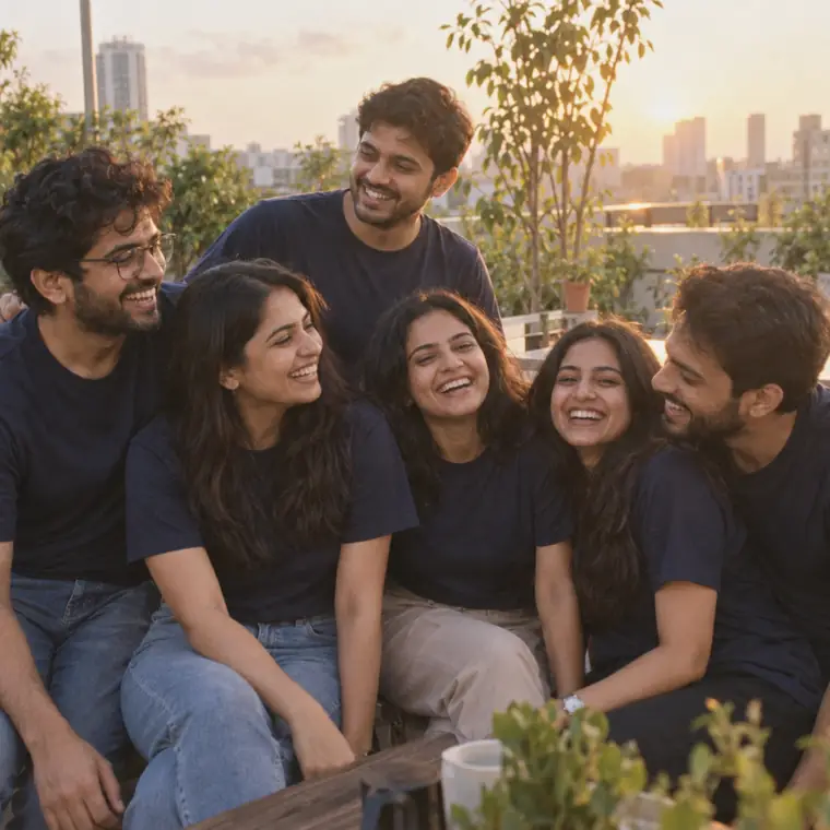 A young startup team in matching navy t-shirts at an offsite