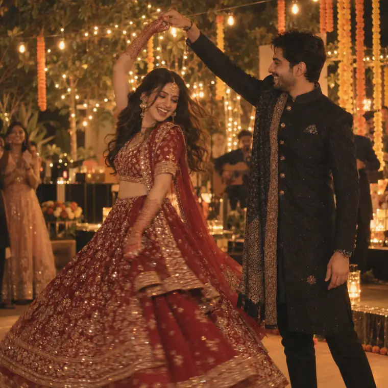 A bride and groom dancing at their sangeet under fairy lights