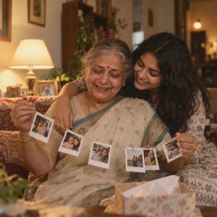 A grandmother smiling while holding a string of polaroid prints from her granddaughter