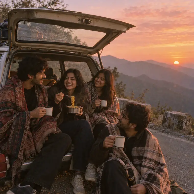 Friends sharing chai on a road trip in the hills at sunset