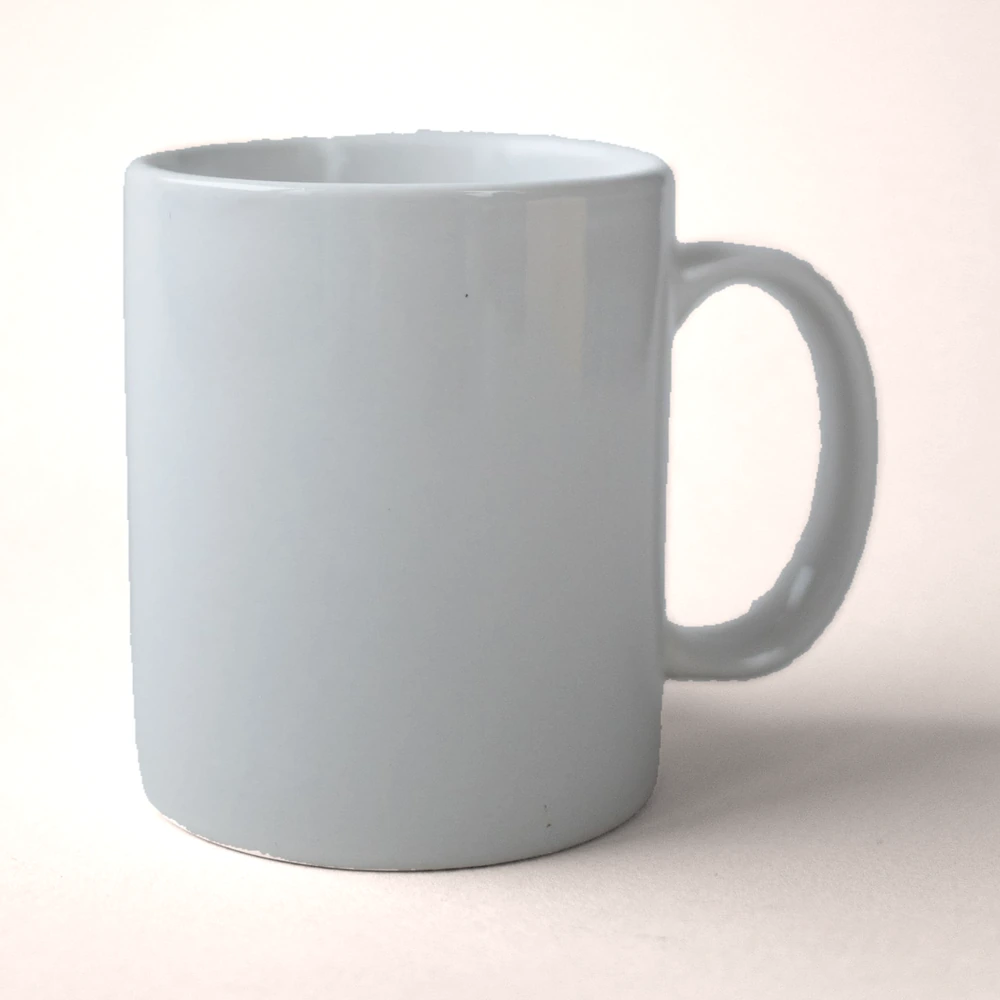 A plain white ceramic mug, ready for your photo or name
