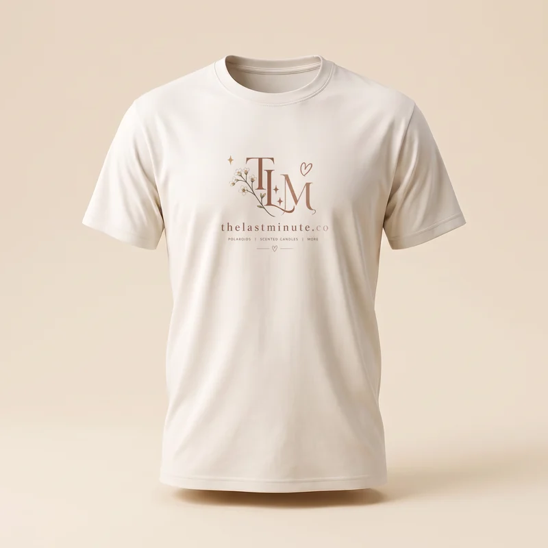 A plain t-shirt with The Last Minute logo printed small on the chest