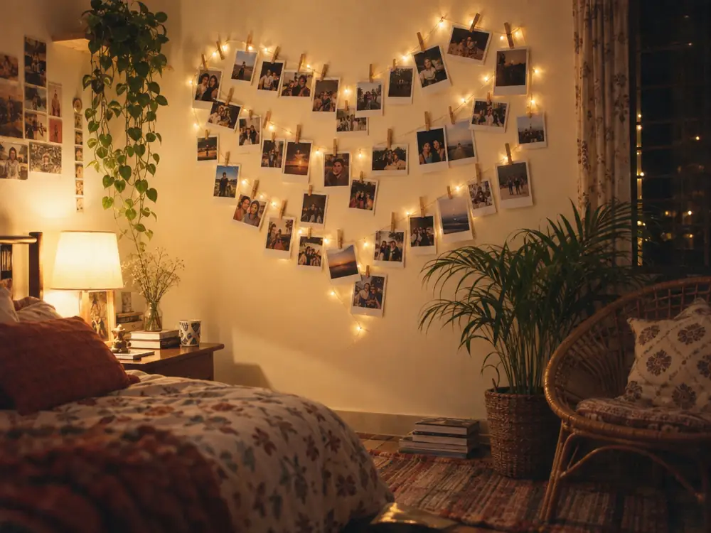 A cosy bedroom wall strung with dozens of polaroid prints and fairy lights